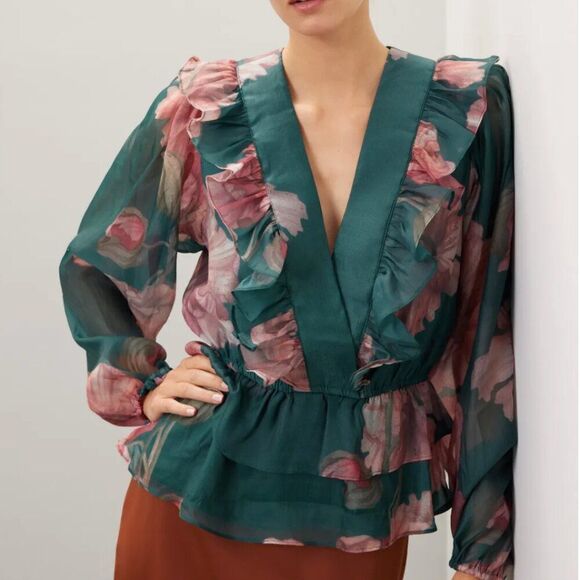 Hutch Sema Green Floral Ruffle neck peplum blouse size medium EUC - Picture 3 of 11